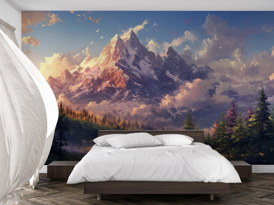 Mountain Wall Mural – Scenic Nature Landscape Wallpaper for Bedroom | Serene Forest & Alpine Peaks | Cozy Cabin Wall Art Décor Vn250