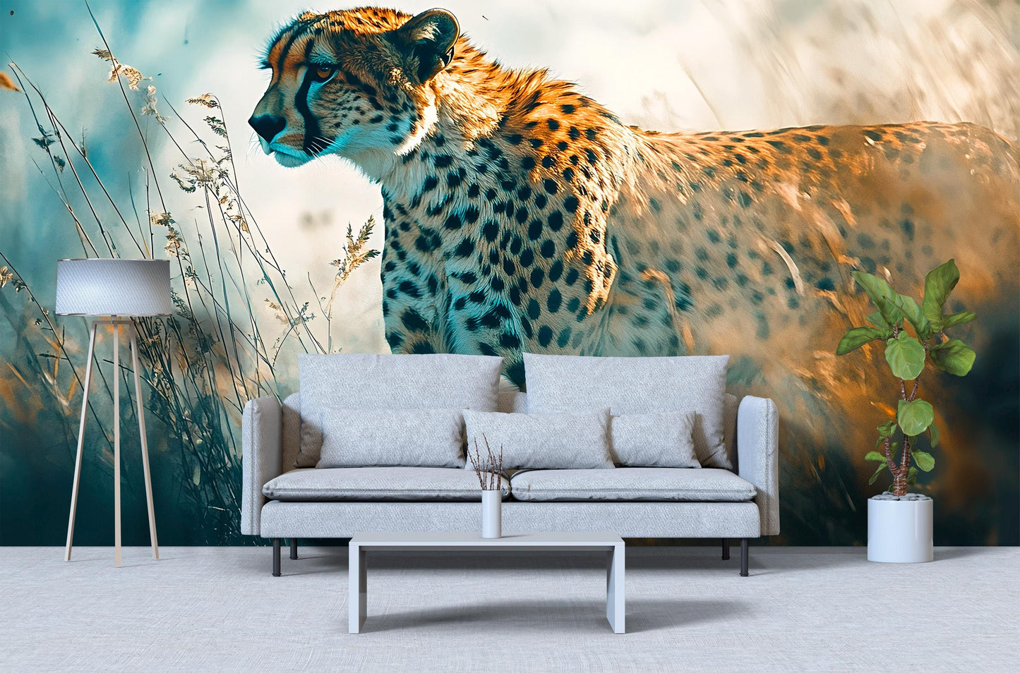 Cheetah Wall Mural - Safari Wildlife Jungle Art - Large Animal Print Wallpaper - African Nature Decor for Living Room or Office Vn538