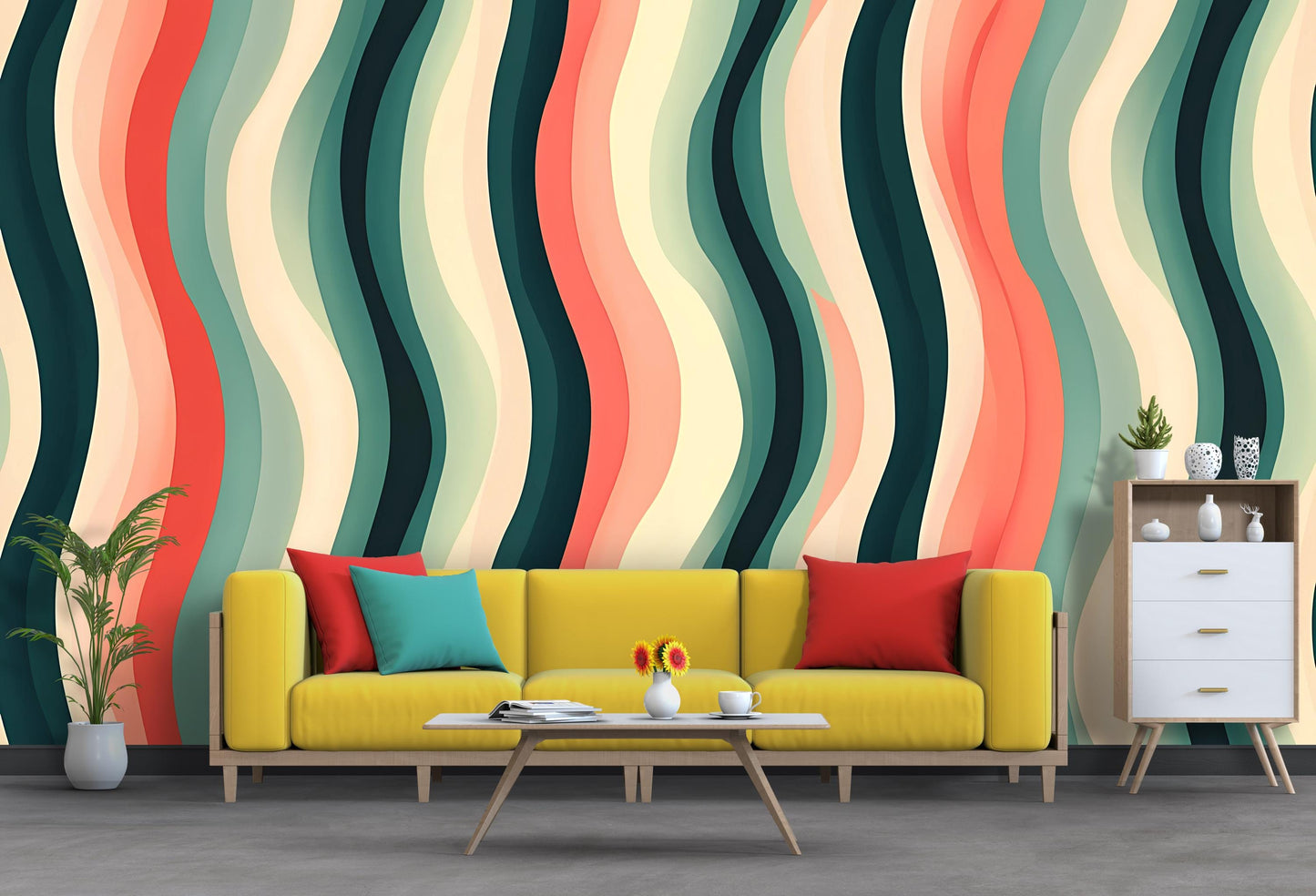 Retro Wavy Stripes Wallpaper – Funky Mid Century Modern Wall Mural Vn1022