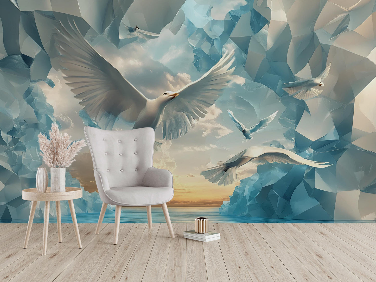 Soaring Birds 3D Wall Mural – Sky & Ocean Scene with White Doves | Modern Nature-Inspired Peel  Stick Wallpaper Vn577