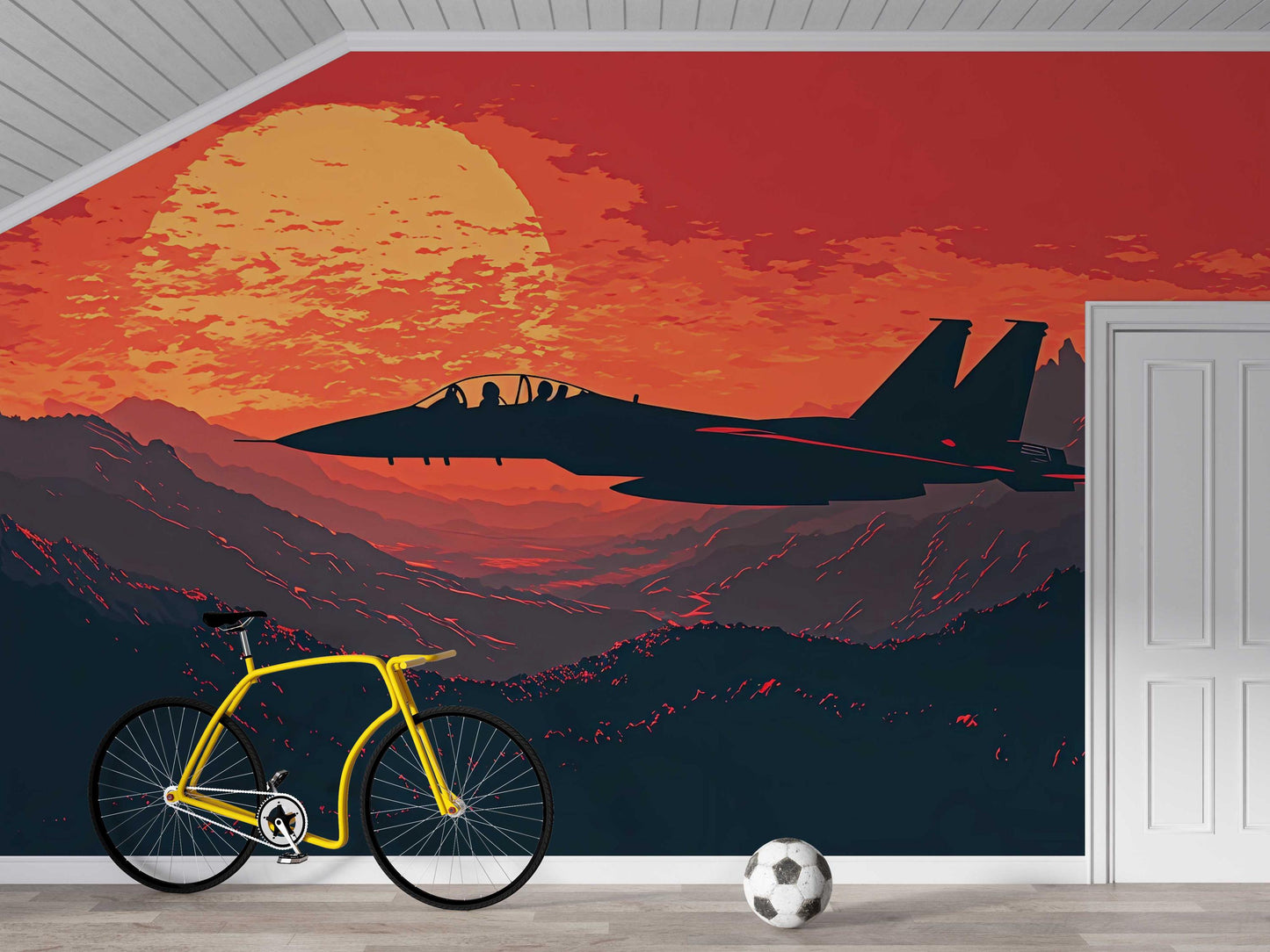 Jet Fighter Sunset Wall Mural – Retro Military Aircraft Wall Art – Bold Aviation Decor for Boys Room, Office or Pilot Gift Vn451