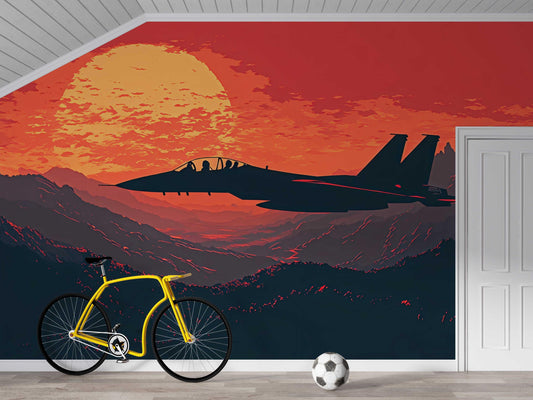 Jet Fighter Sunset Wall Mural – Retro Military Aircraft Wall Art – Bold Aviation Decor for Boys Room, Office or Pilot Gift Vn451