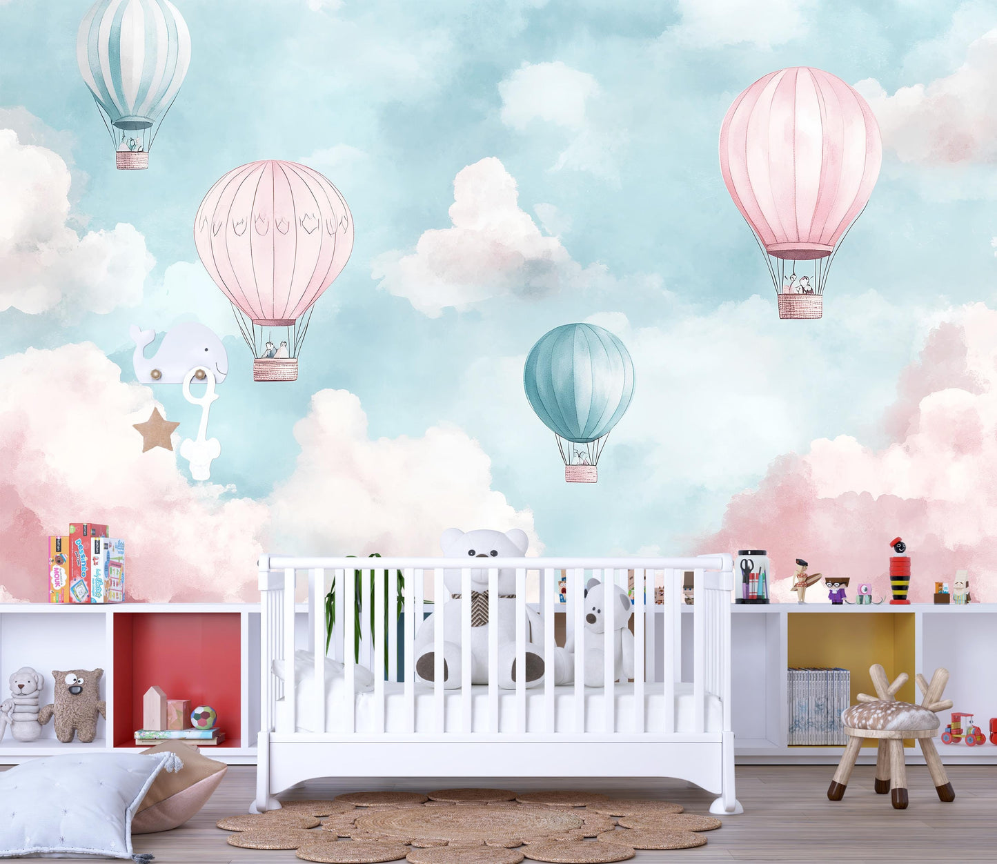 Hot Air Balloon Mural – Pink Blue Cloud Wallpaper Kids Nursery Wall Decor Vn998