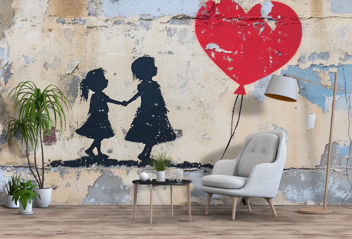 Banksy Heart Balloon Girl Office Wall Mural – Modern Graffiti Street Art Removable Wallpaper for Workspace & Home Decor Vn735