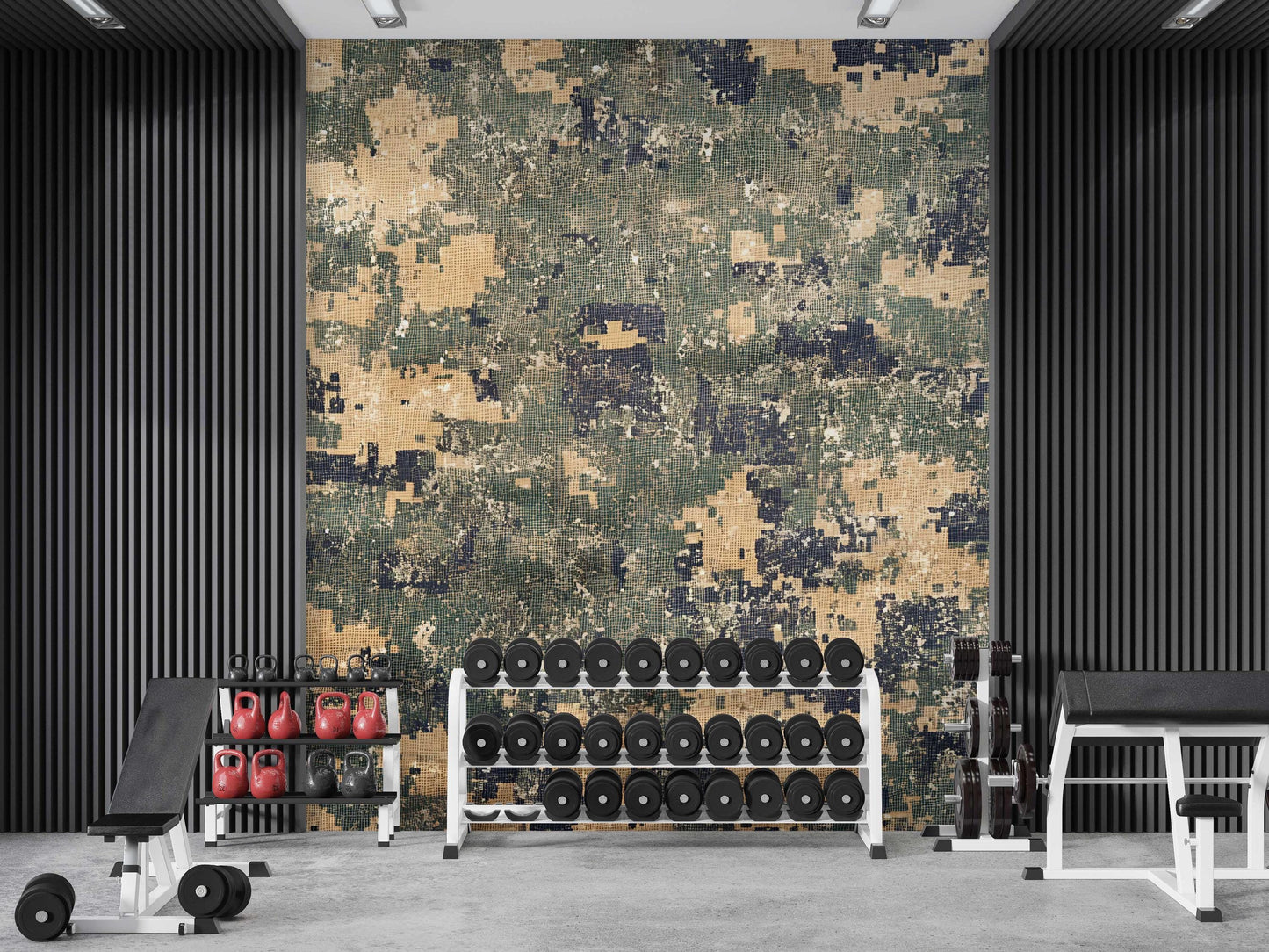 Modern Gym Wall Mural – Digital Camo & Geometric Pattern Wallpaper – Bold Fitness Decor for Home or Commercial Gym Vn457