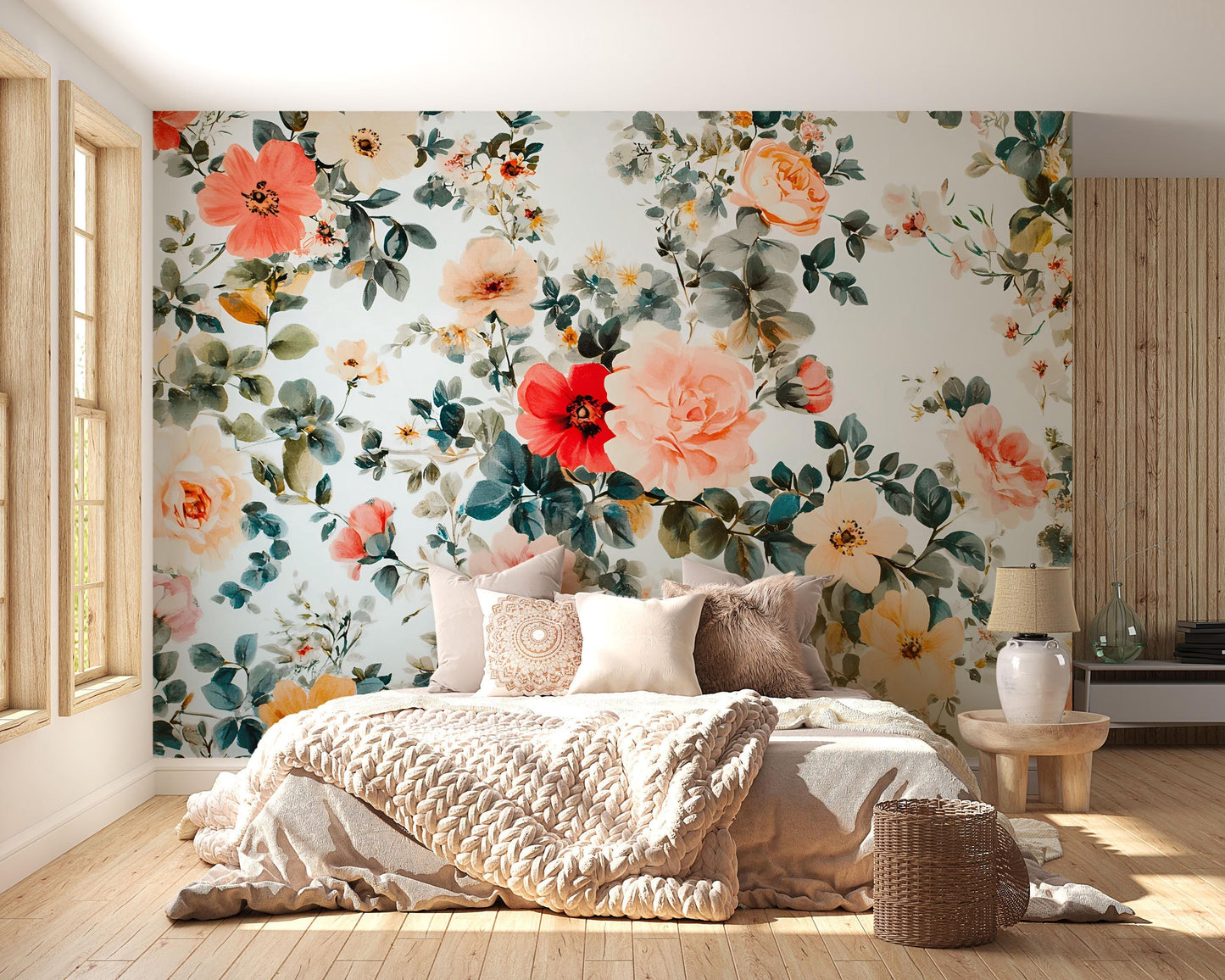 Large Floral Wall Mural, Romantic Watercolor Flower Wallpaper, Botanical Bedroom Accent Wall, Peel and Stick Floral Mural Vn643