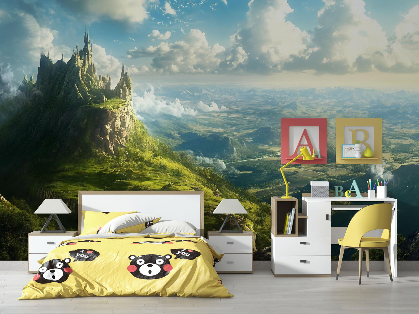 Fantasy Castle Wall Mural – Enchanted Kingdom Wallpaper, Magical Landscape Accent Wall for Kids Room or Bedroom Vn866