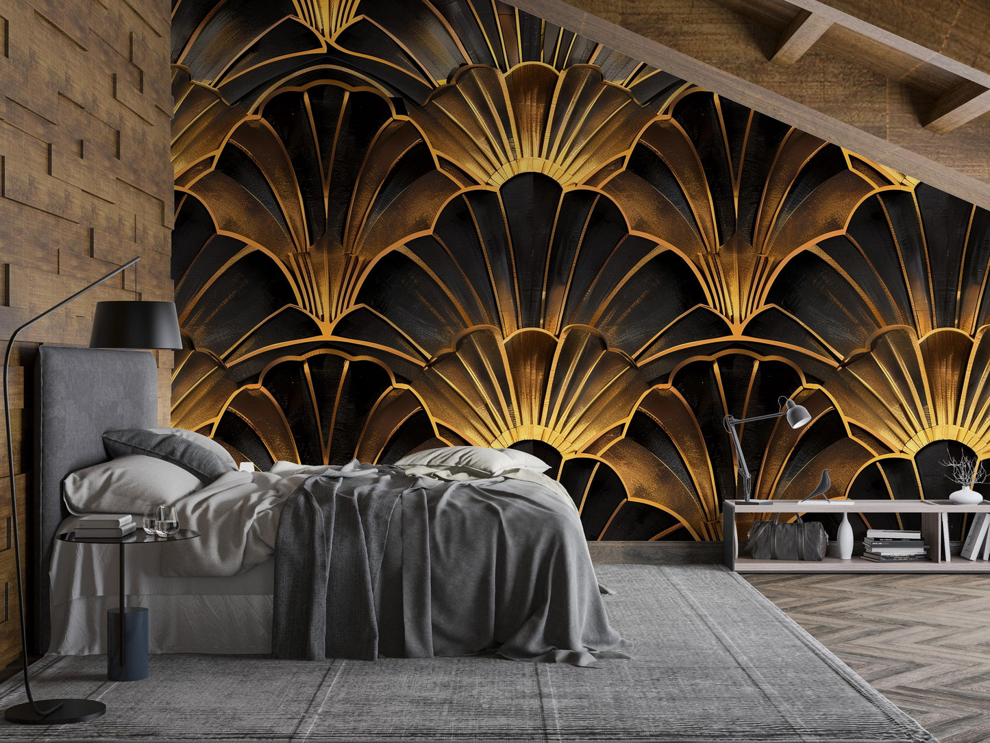 Art Deco Gold Wall Mural – Luxury Scallop Fan Pattern Wallpaper for Bedroom, Living Room & Office Decor Vn1087