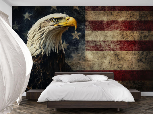 American Flag Bald Eagle Wall Mural - Patriotic Bedroom Decor, USA Flag Art Wallpaper, Rustic Vintage Eagle Wall Art Print Vn722
