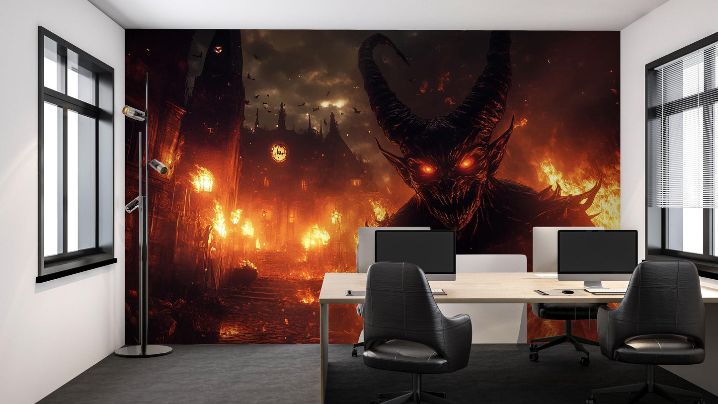 Demonic Wall Mural – Fiery Hell Scene with Red-Eyed Monster Vn808