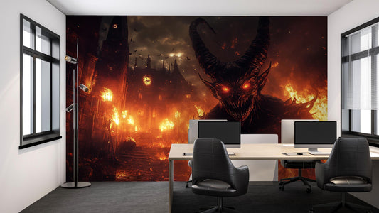 Demonic Wall Mural – Fiery Hell Scene with Red-Eyed Monster Vn808