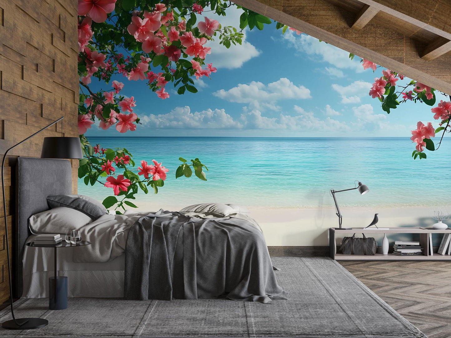 Ocean View Bedroom Wall Mural – Tropical Hibiscus Flower Wallpaper, Tranquil Beach Scene Decor, Removable Peel & Stick Vn650