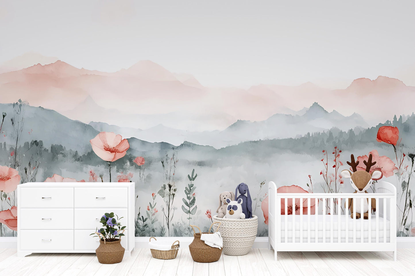 Floral Mountain Wall Mural for Kids Room – Watercolor Wildflower Nursery Wallpaper – Removable Botanical Wall Art Vn560