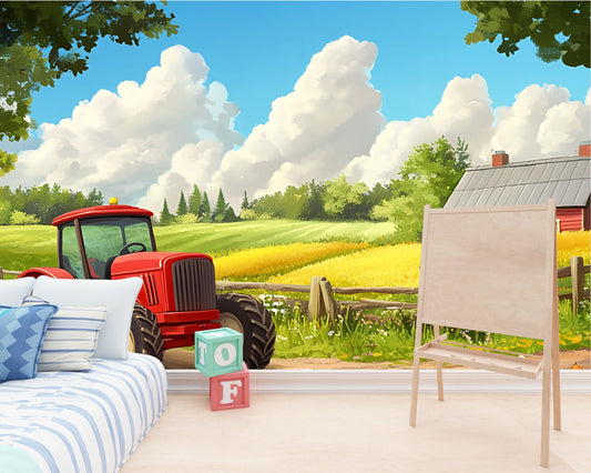 Farm Tractor Wall Mural for Kids Room – Red Tractor & Countryside Scene  Vn312