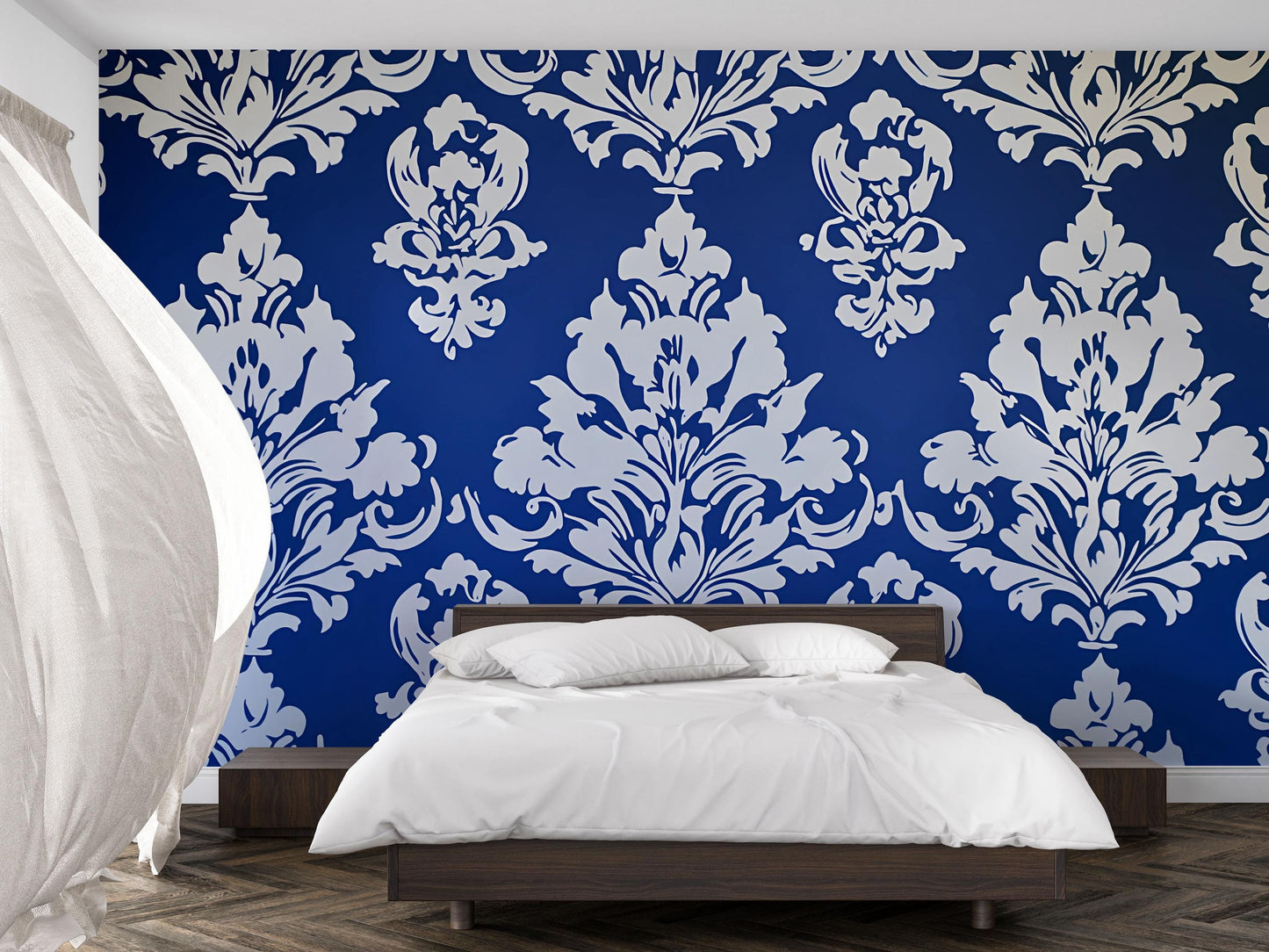 Bold Blue Damask Wallpaper | Baroque Floral Removable Wall Mural | Elegant Bedroom Accent Wall Decor | Peel and Stick Home Decor Vn632