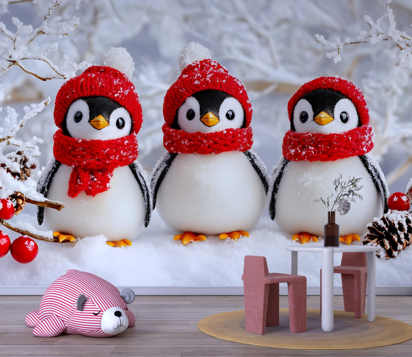 Winter Penguin Nursery Wall Art – Cute Snowy Penguins in Red Hats – Holiday Baby Room Decor – Arctic Animal Print – Christmas Theme Vn529