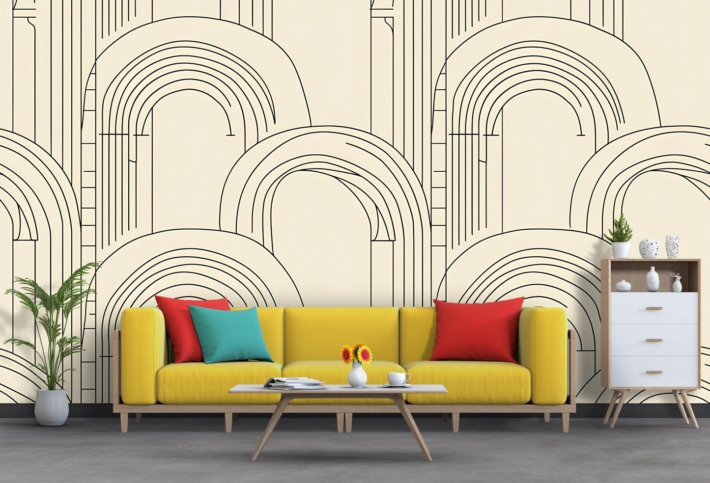 Beige Arch Line Art Wallpaper – Modern Minimalist Geometric Wall Mural Vn1093