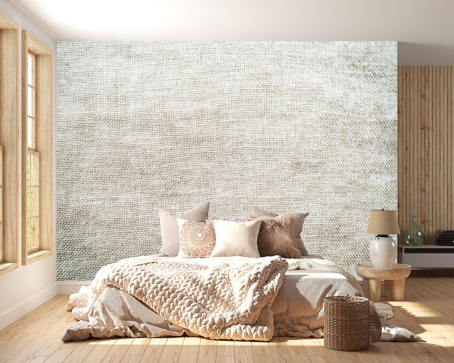 Neutral Linen Texture Wall Mural – Minimalist Modern Bedroom Wallpaper Vn835