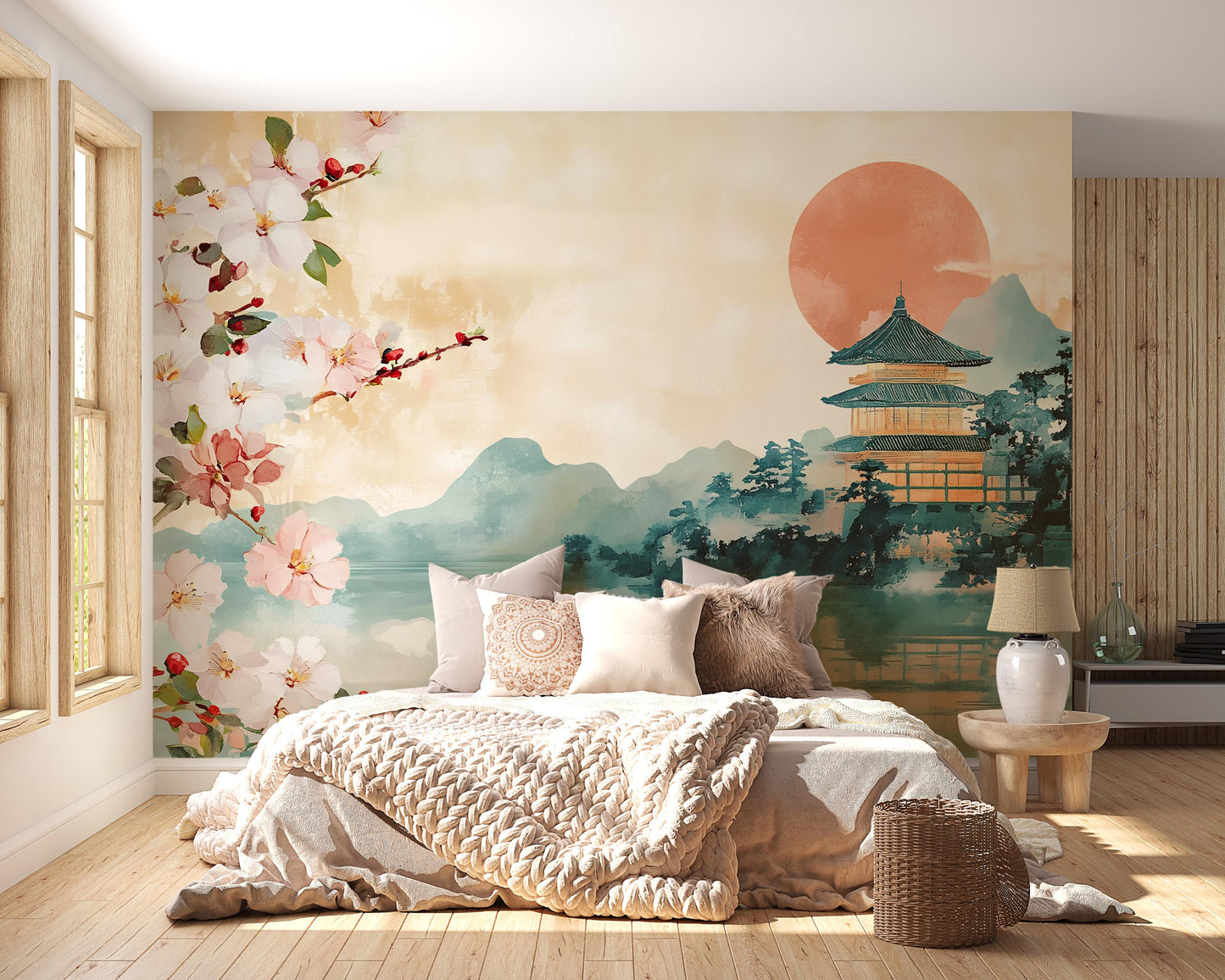 Japanese Wall Mural with Cherry Blossoms & Pagoda – Tranquil Nature Bedroom Wallpaper – Asian Landscape Wall Art Décor Vn488