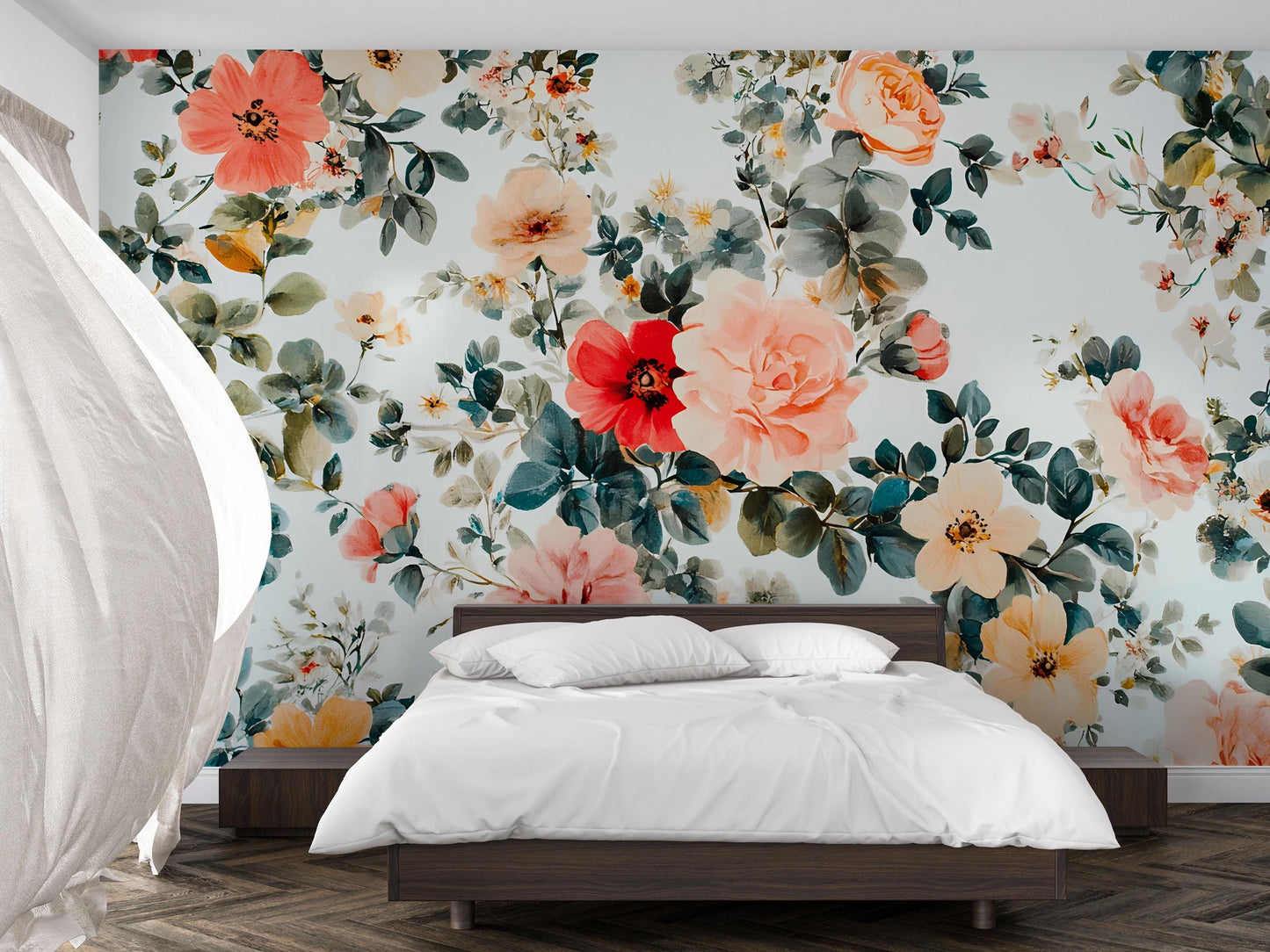 Large Floral Wall Mural, Romantic Watercolor Flower Wallpaper, Botanical Bedroom Accent Wall, Peel and Stick Floral Mural Vn643