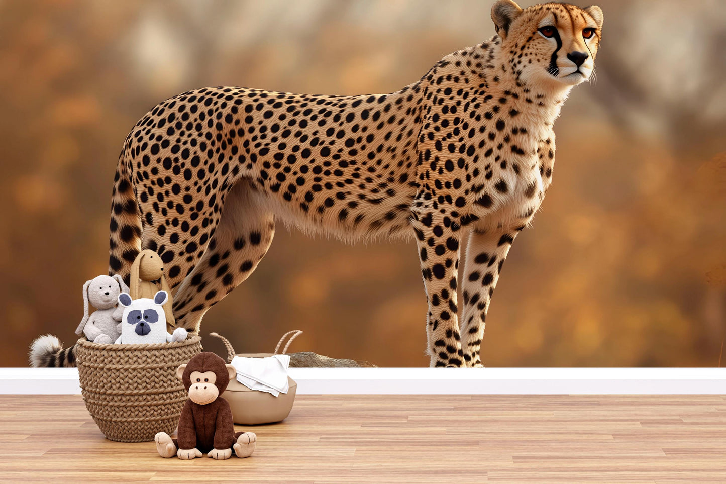 Standing Cheetah Wall Mural – Realistic Wildlife Safari Wallpaper for Nursery or Bedroom Vn785
