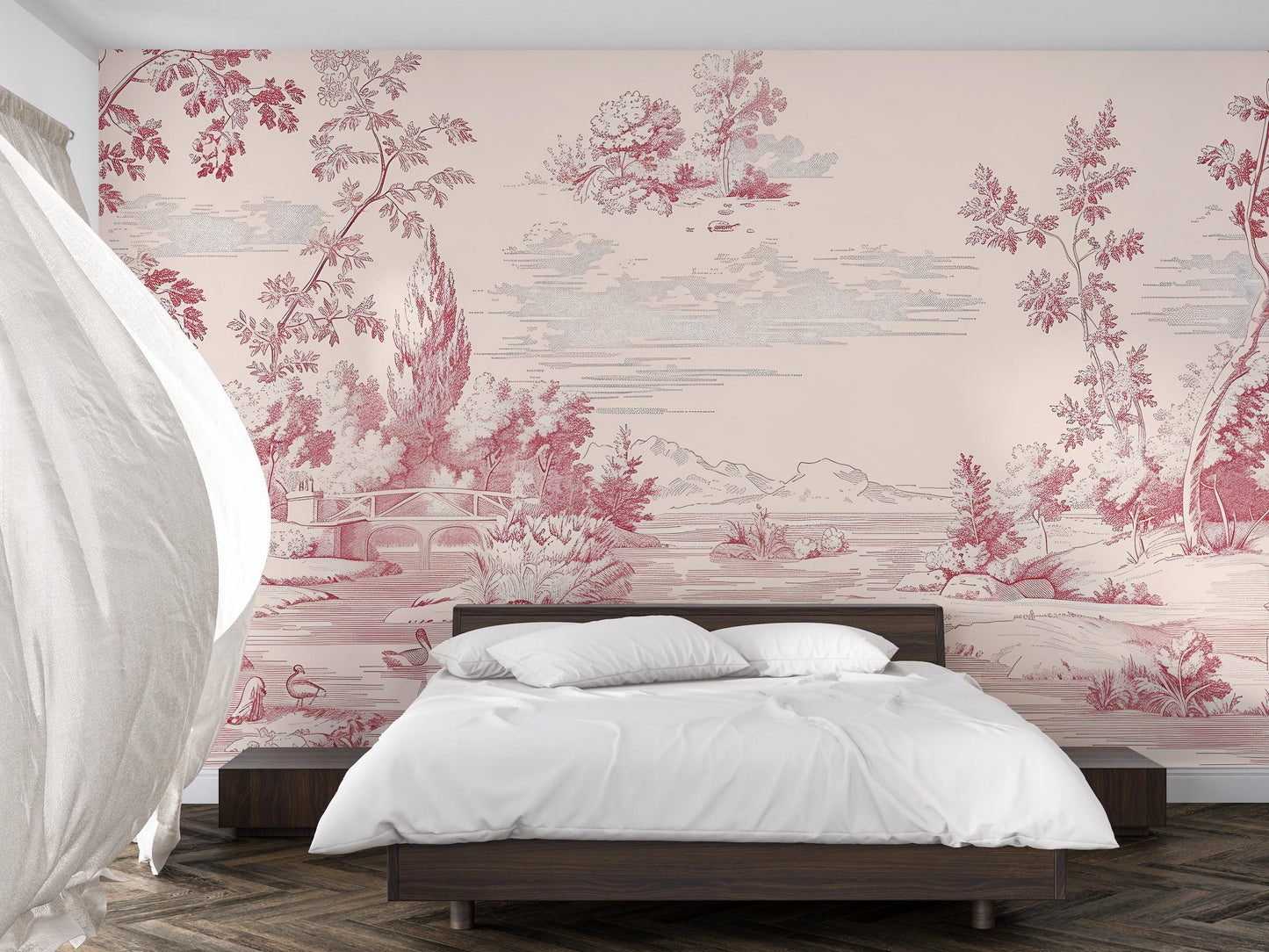 Pink Toile Wall Mural | French Vintage Landscape Wallpaper Vn1037