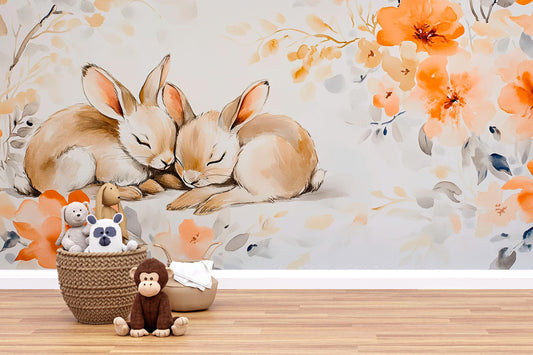 Watercolor Bunny Wall Mural for Nursery – Sleeping Rabbits Floral Wallpaper – Neutral Woodland Animal Baby Room Decor Vn623