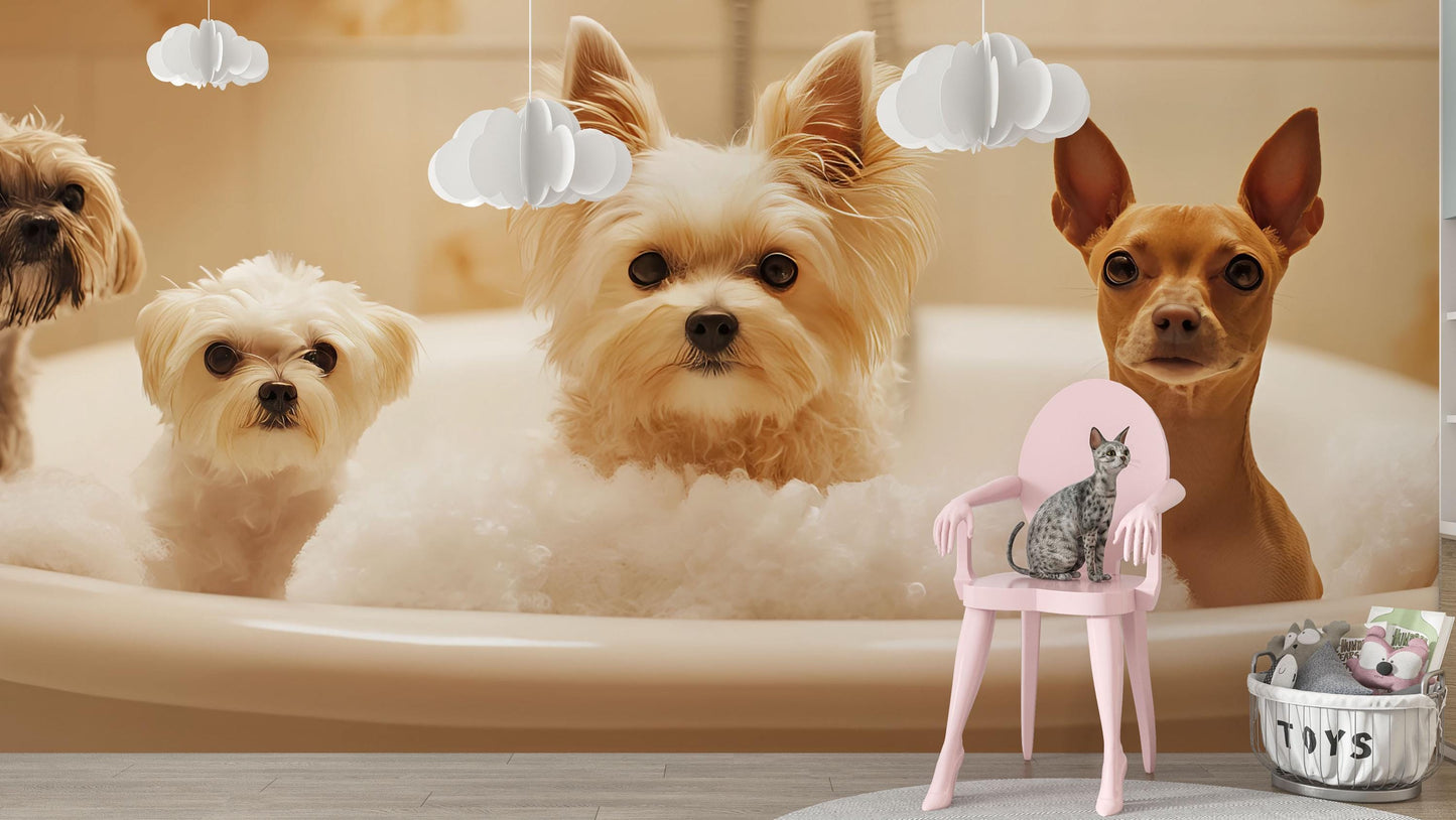 Cute Puppy Bathtub Wall Mural - Dog Bath Scene Wallpaper for Pet Lovers Vn677