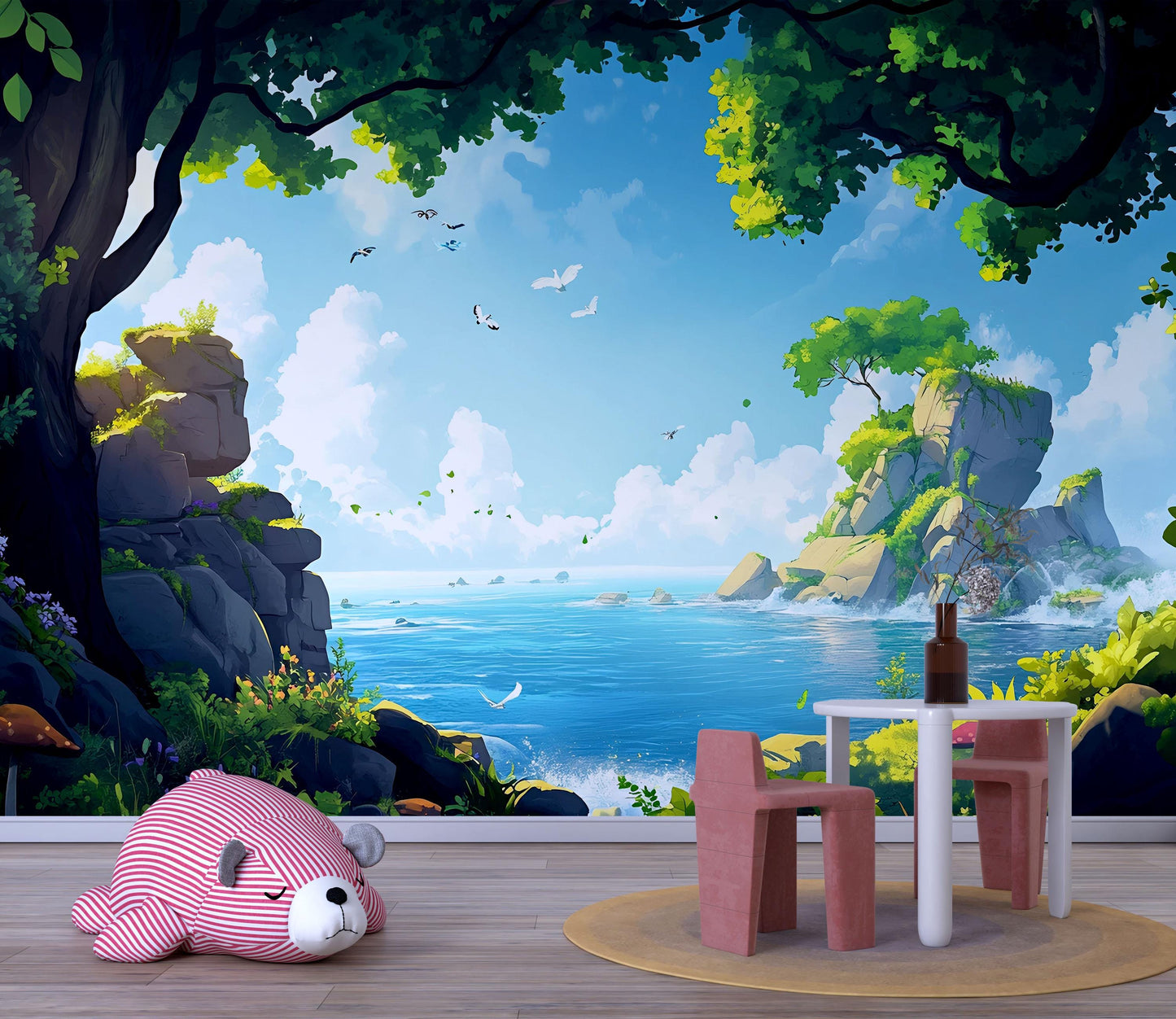 Whimsical Ocean Forest Wall Mural for Kids Room – Nature Landscape Wallpaper, Coastal Nursery Decor, Jungle Adventure Playroom Art Vn707
