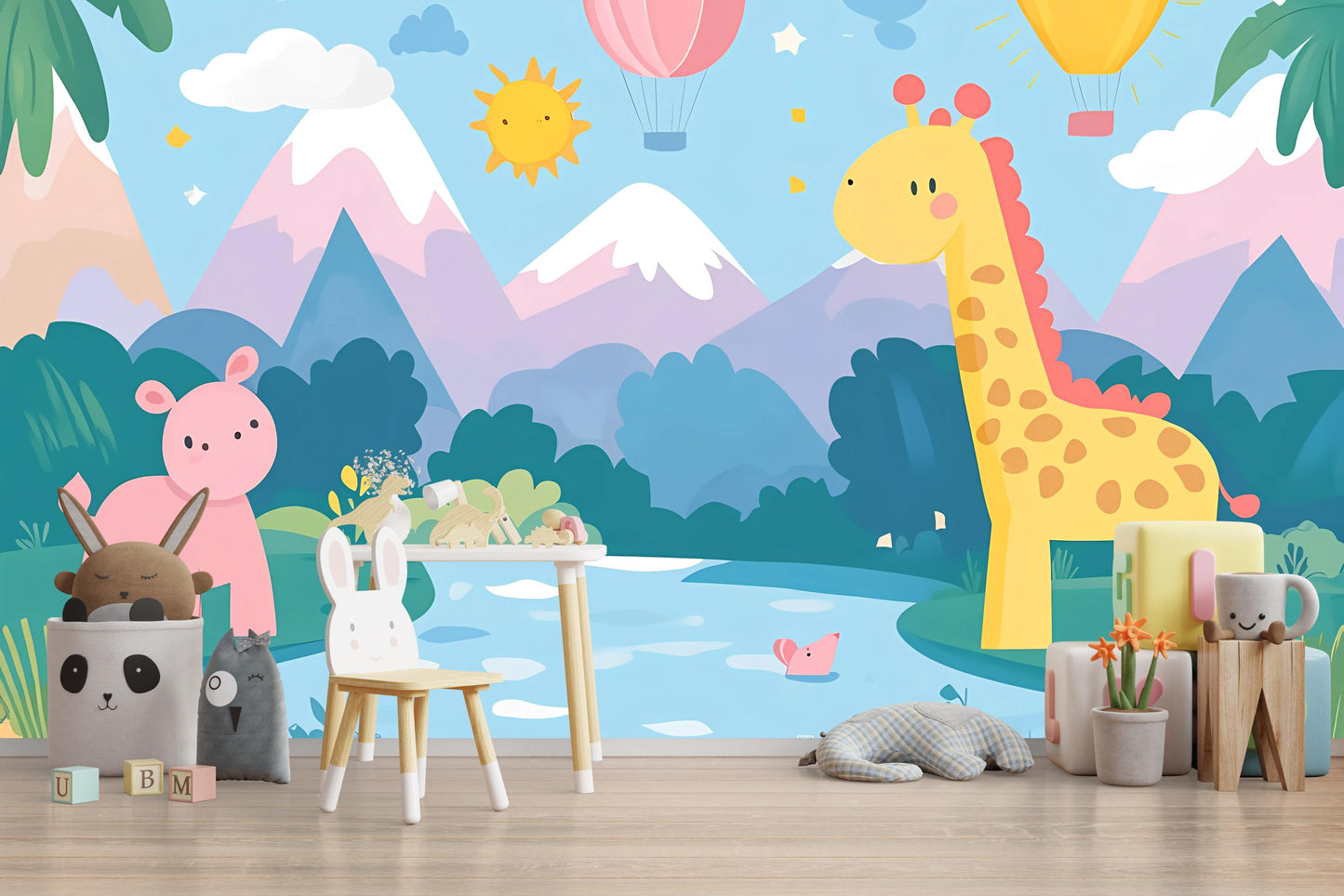 Colorful Jungle Safari Animal Nursery Wall Mural – Giraffe, Elephant, and Hot Air Balloons – Baby Room Wallpaper Art Print Vn435
