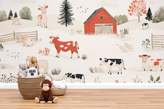 Farm Animal Wall Mural for Kids Room – Cute Cow Barn Nursery Wallpaper – Removable Playroom Decor – Country Farmhouse Art  Vn314