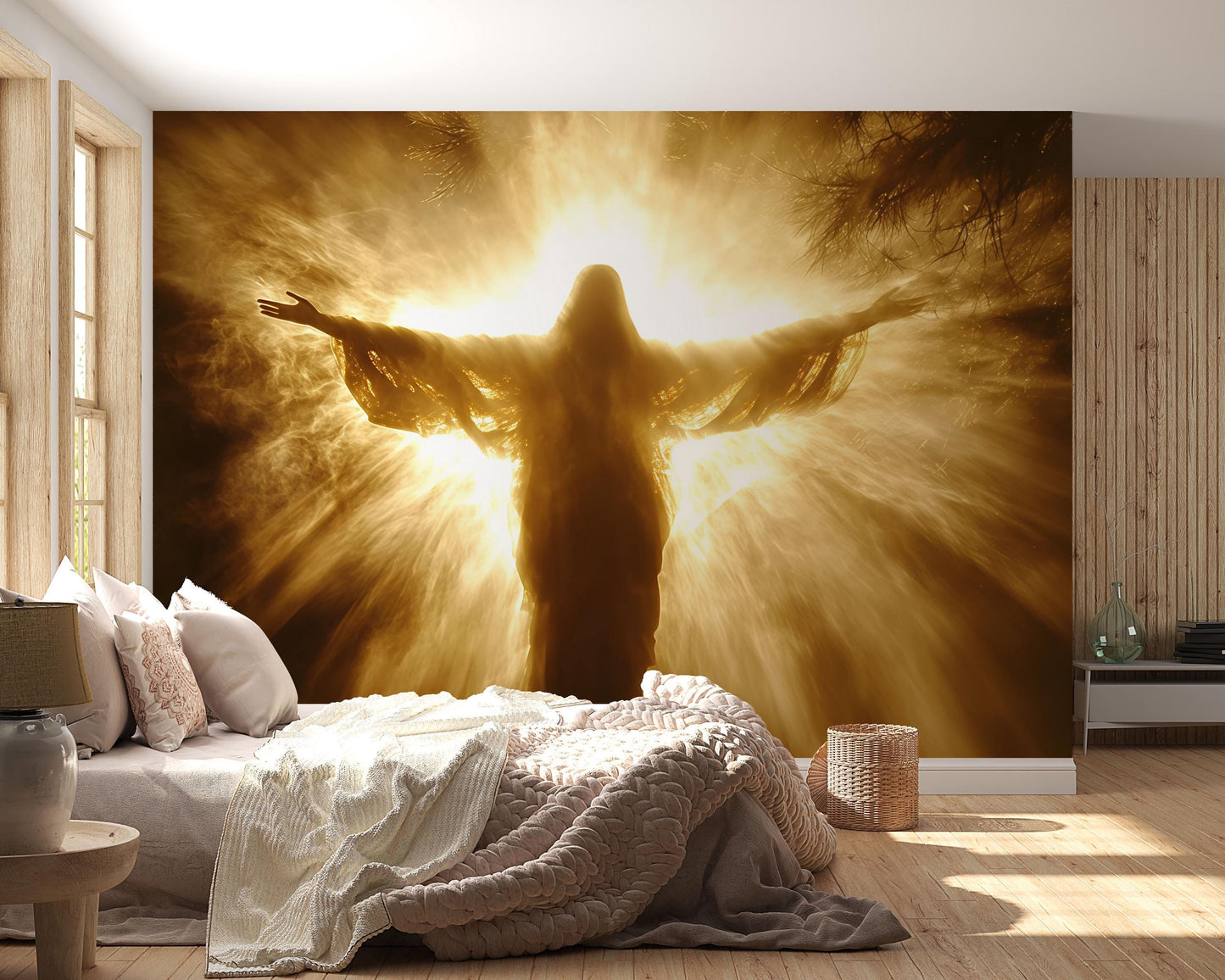 Spiritual Jesus Wall Mural – Radiant Light Religious Wallpaper – Divine Bedroom Decor – Christian Art Mural Vn608