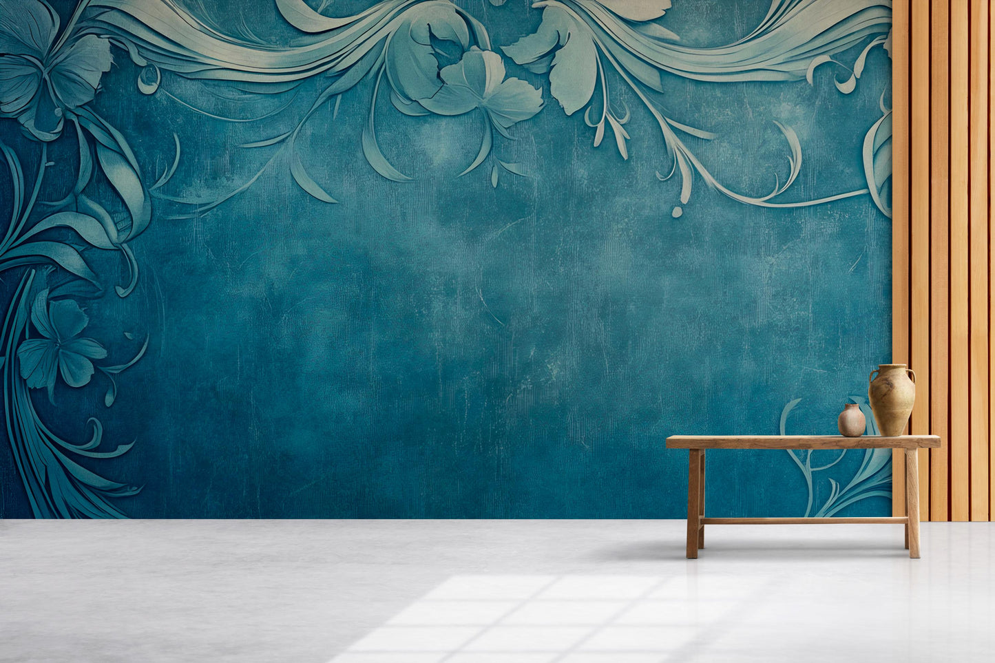 Teal Floral Scroll Wall Mural – Elegant Botanical Pattern Wallpaper for Living Room or Office Vn771