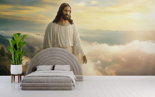 Heavenly Jesus Wall Mural – Christian Bedroom Decor, Religious Wall Art, Spiritual Interior Accent, Cloudscape Jesus Poster Vn611
