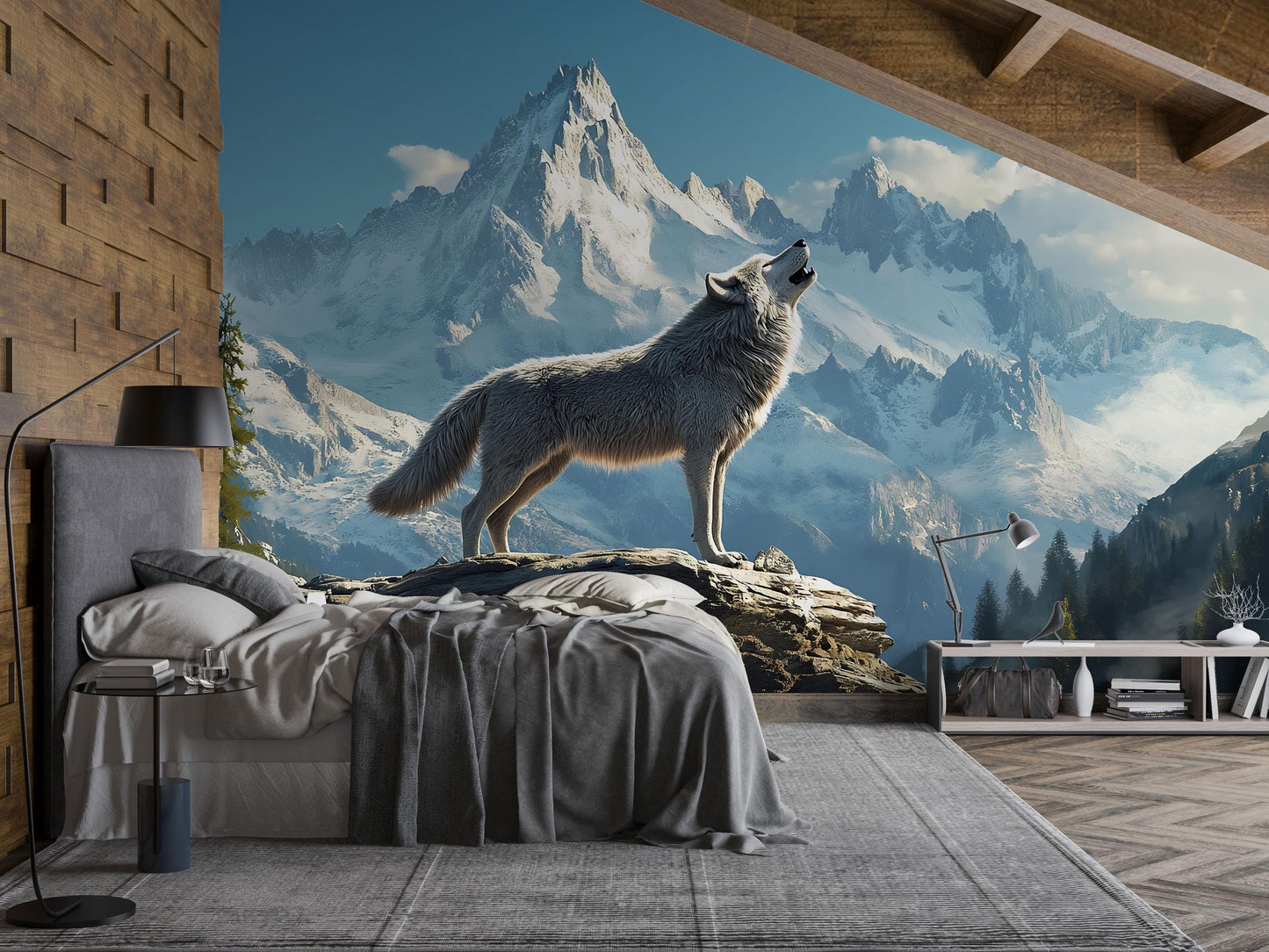 Wolf Mountain Mural Wall Art – Howling Wolf Wallpaper for Bedroom | Snowy Nature Scene | Rustic Cabin Decor | Forest Animal Backdrop Vn601