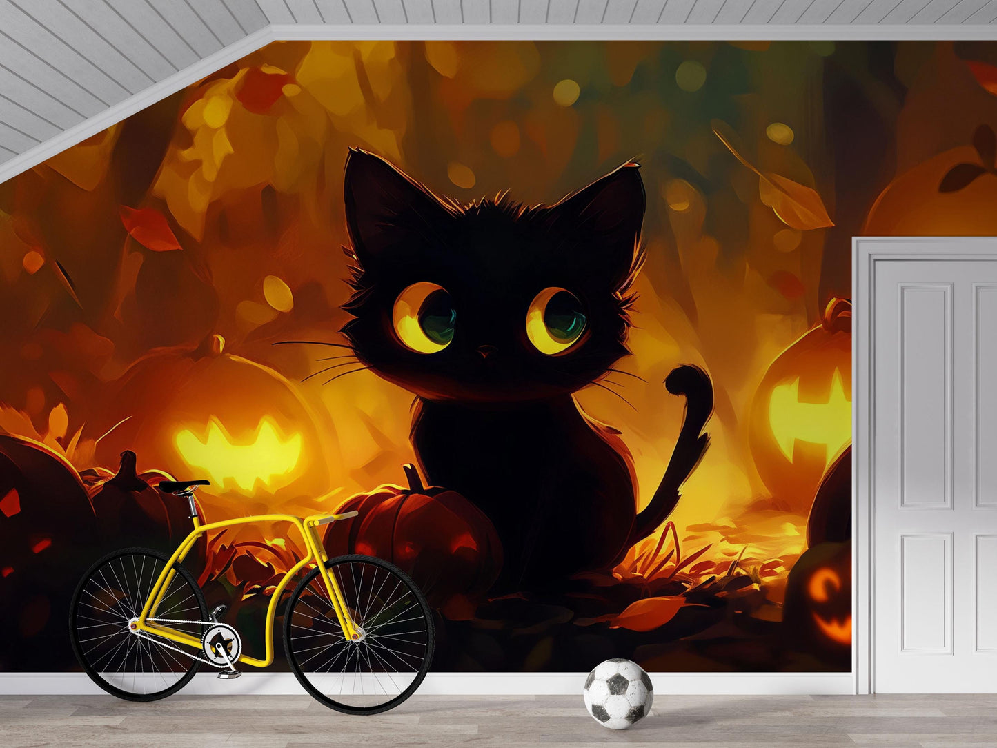 Cute Black Cat Halloween Wall Mural – Pumpkin Lantern Night Scene Vn812
