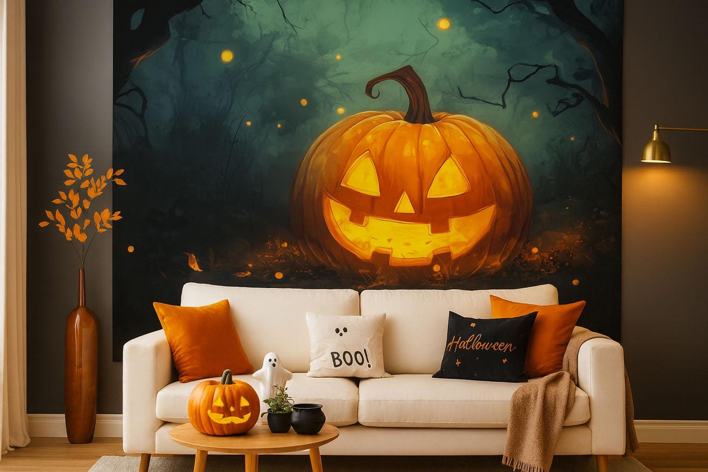 Jack-O’-Lantern Halloween Wall Mural – Cozy Autumn Decor  Vn813