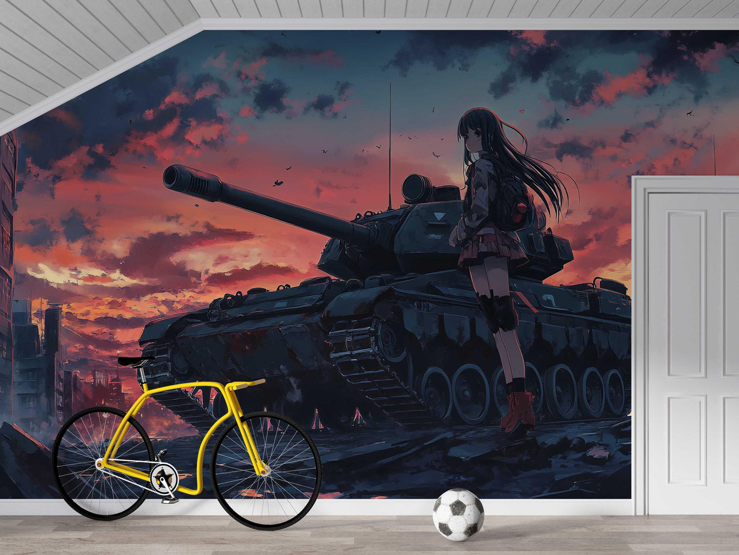 Anime Girl & Tank Wall Mural – Sunset War Scene Art, Japanese Manga Office Decor, Large Anime Wallpaper Poster Vn455
