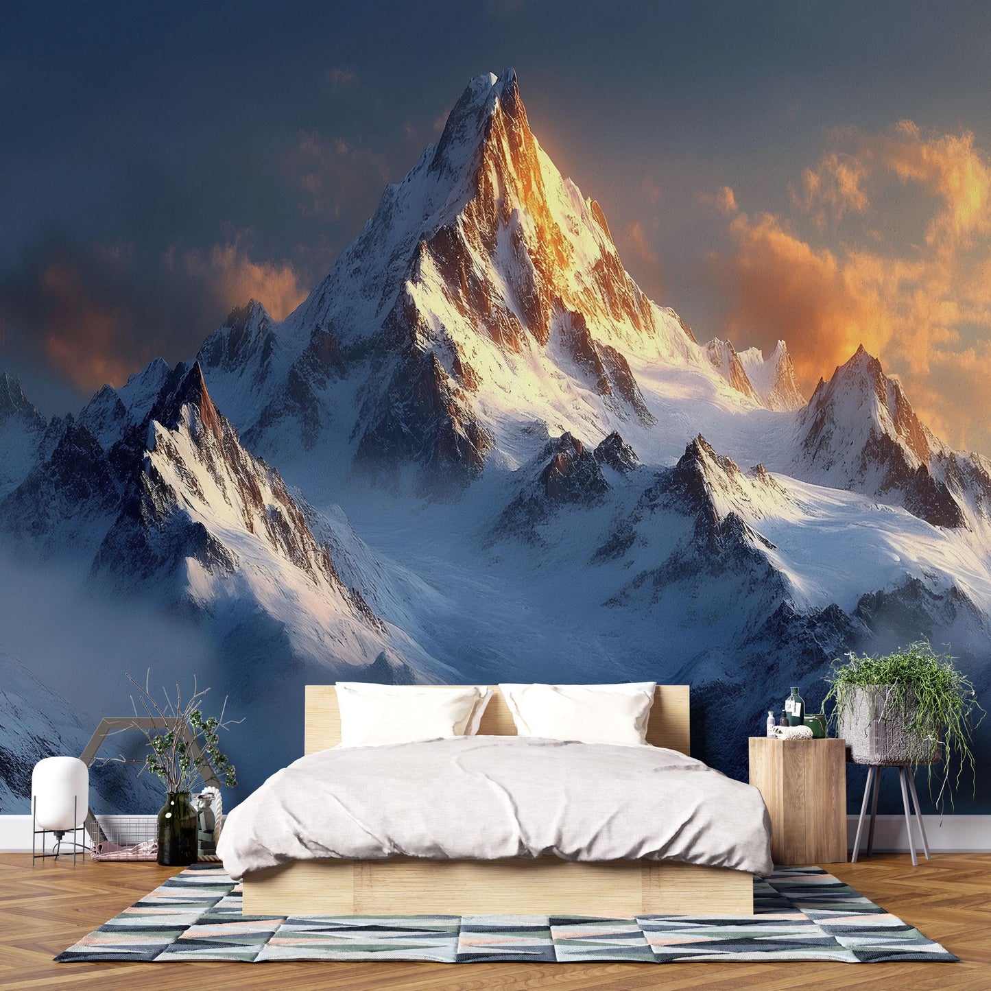 Mountain Wall Mural – Snowy Peak Sunset Landscape for Bedroom Decor Vn702