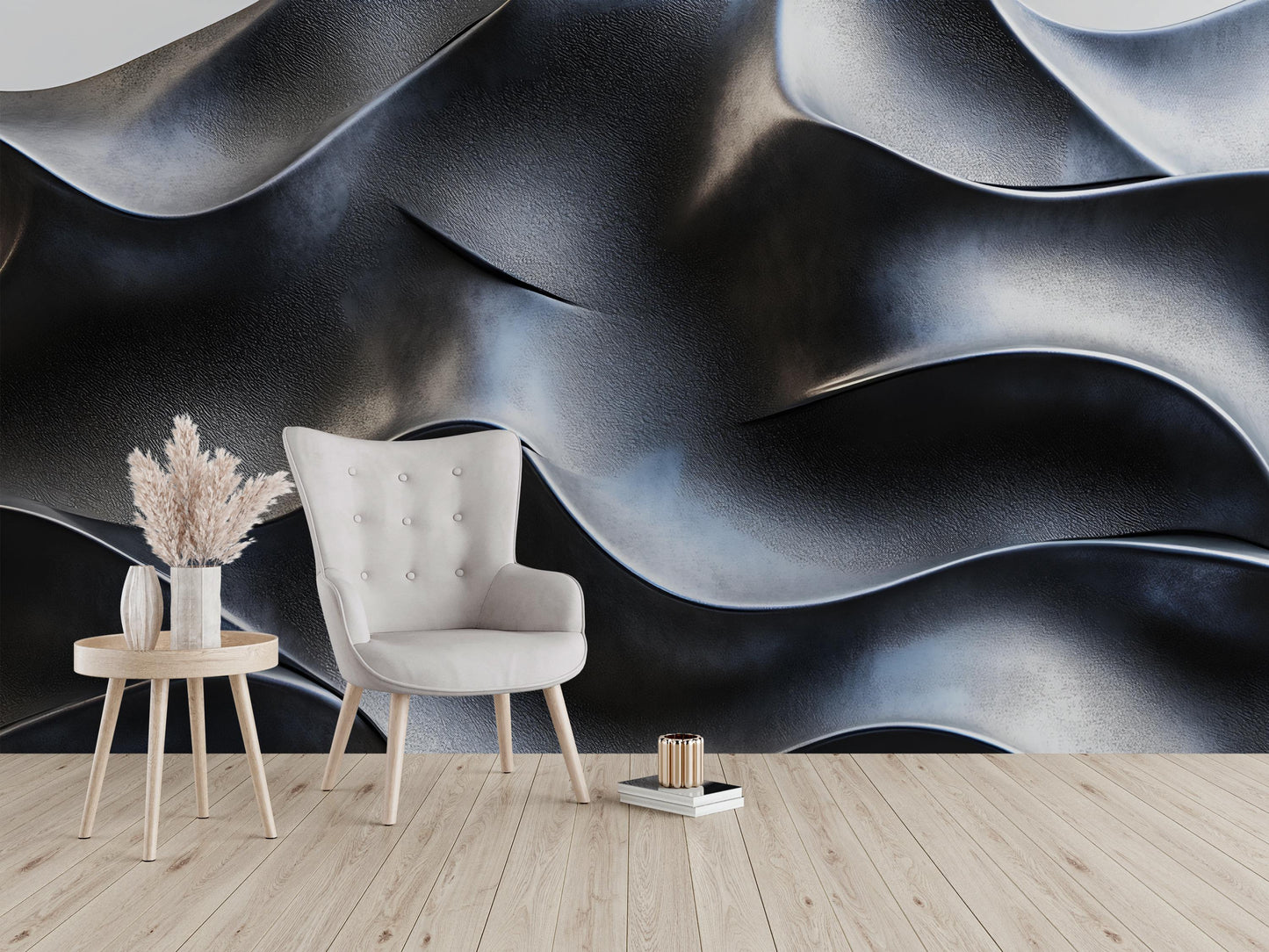 Black Wave Textured Wall Art | Modern 3D Abstract Wallpaper Mural | Luxury Dark Interior Accent Vn591
