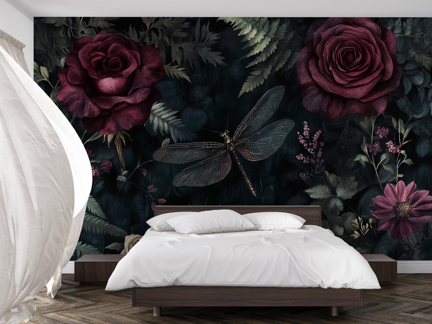 Dark Red Rose & Dragonfly Wall Art – Gothic Botanical Print Vn957