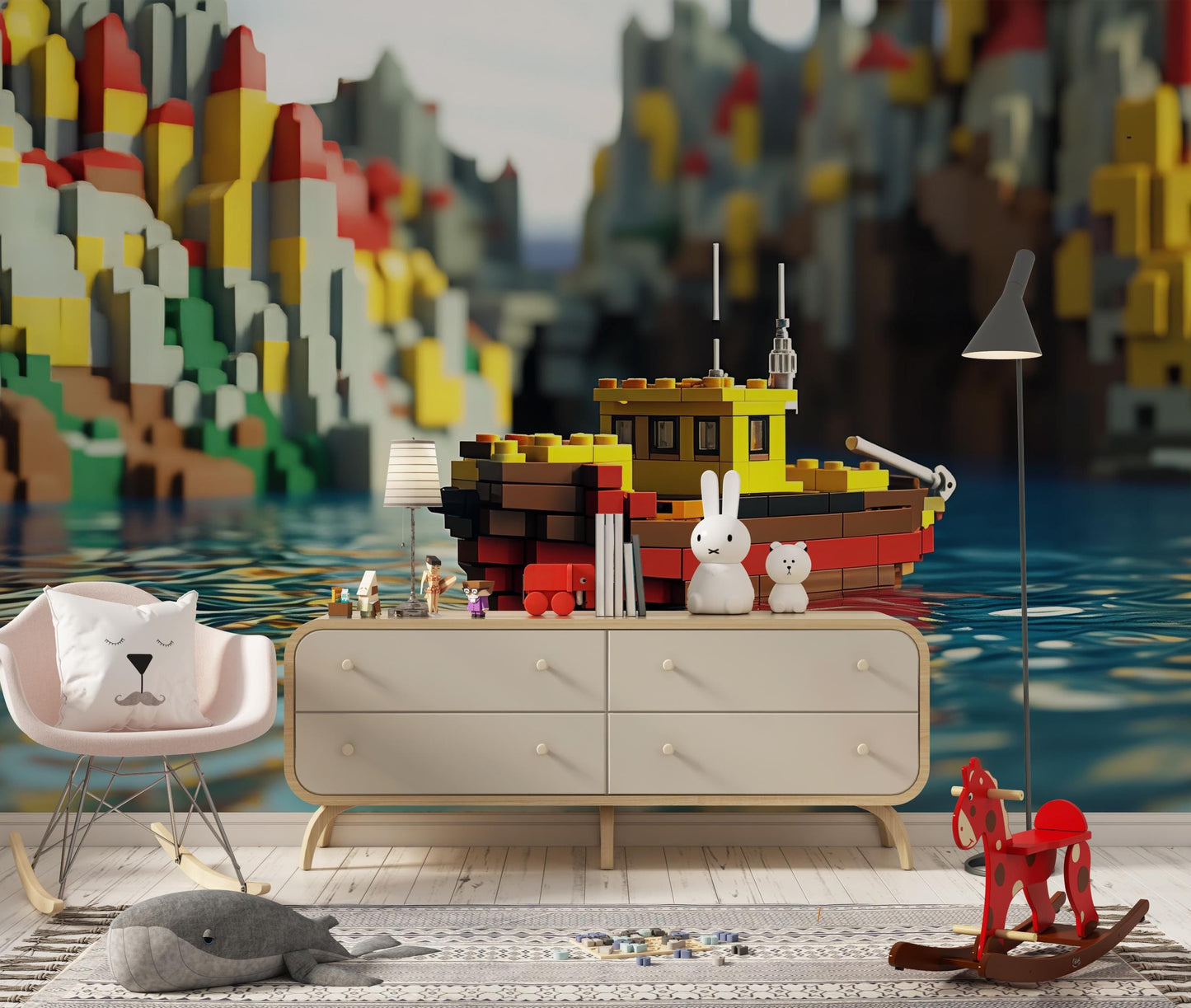 Lego Toy Boat Wall Mural | Kids Room Nautical Decor | Colorful Ocean Theme Wallpaper | 3D Playroom Art | Boys Girls Nursery Print Vn593