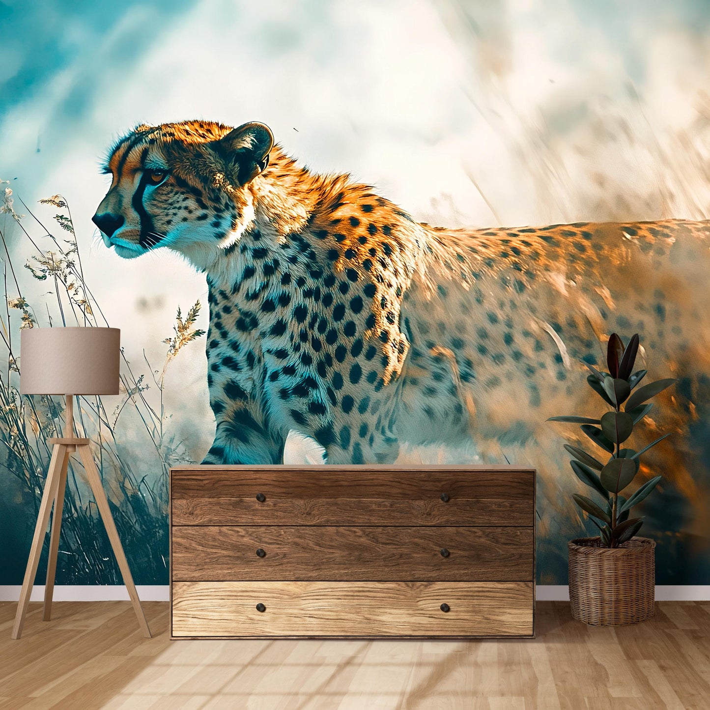 Cheetah Wall Mural - Safari Wildlife Jungle Art - Large Animal Print Wallpaper - African Nature Decor for Living Room or Office Vn538
