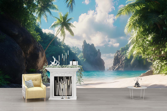Tropical Beach Wall Mural | 3D Ocean View Wallpaper | Coastal Palm Tree Decor | Relaxing Island Paradise Scene Vn292