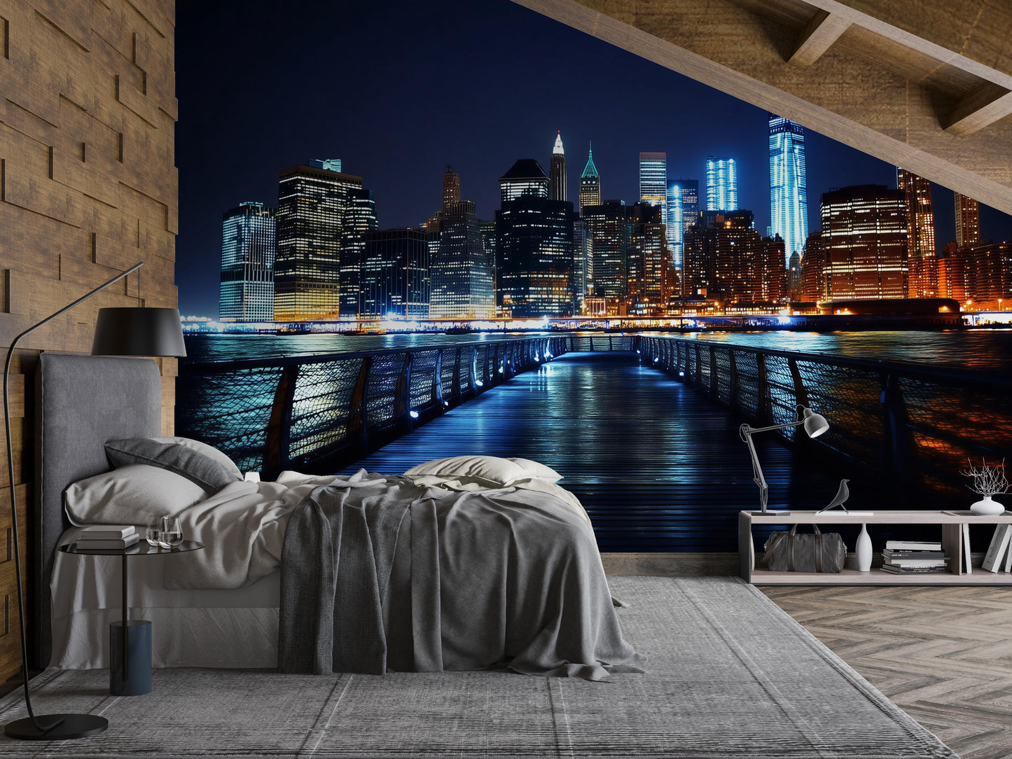 New York Skyline Wall Mural – City Lights Night Pier Wallpaper for Bedroom Vn898