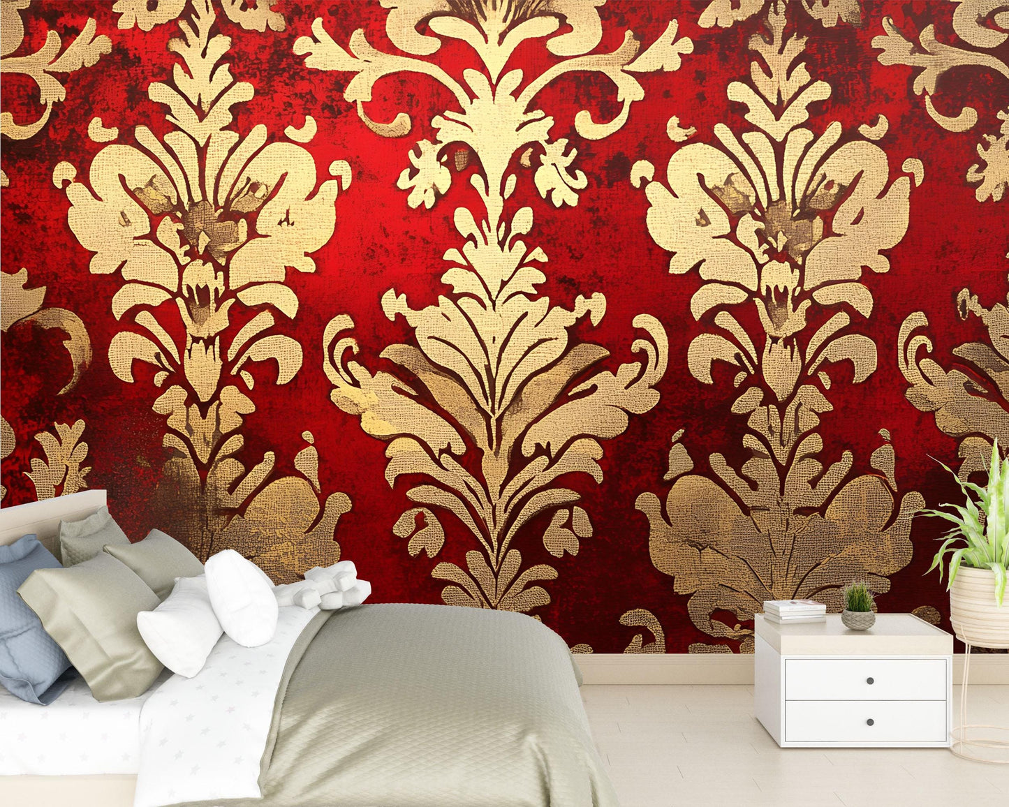 Luxury Red & Gold Damask Wall Mural – Baroque Elegant Accent Wallpaper Vn635