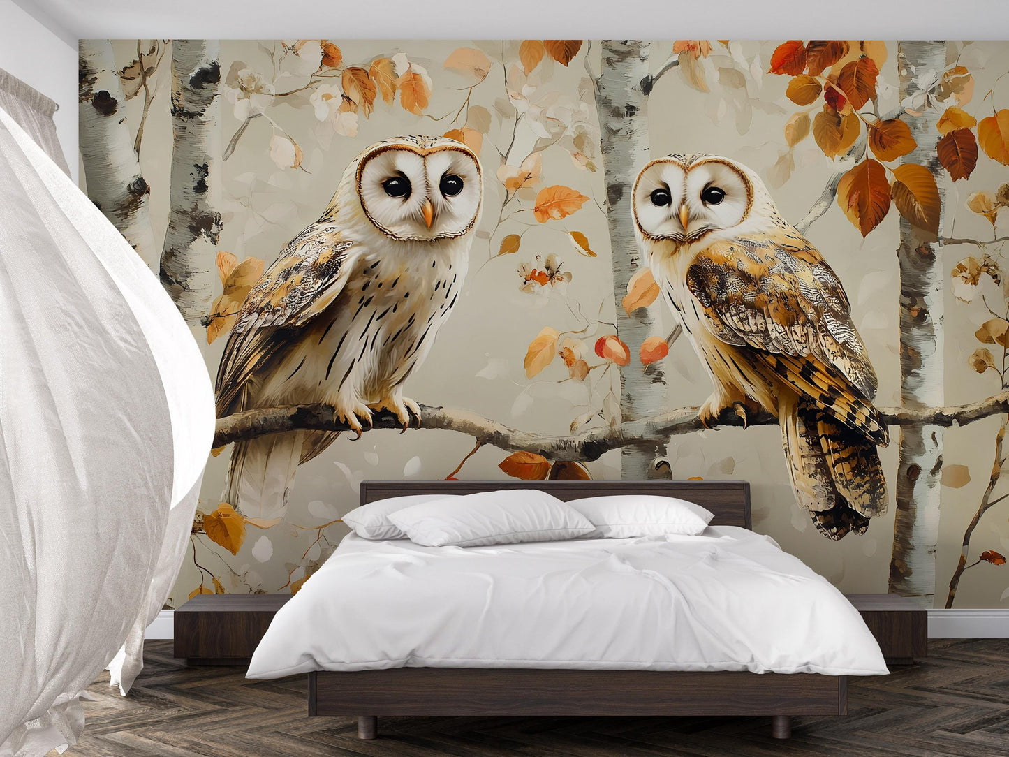 Autumn Owl Forest Mural – Barn Owl Wall Art for Bedroom Decor Vn503