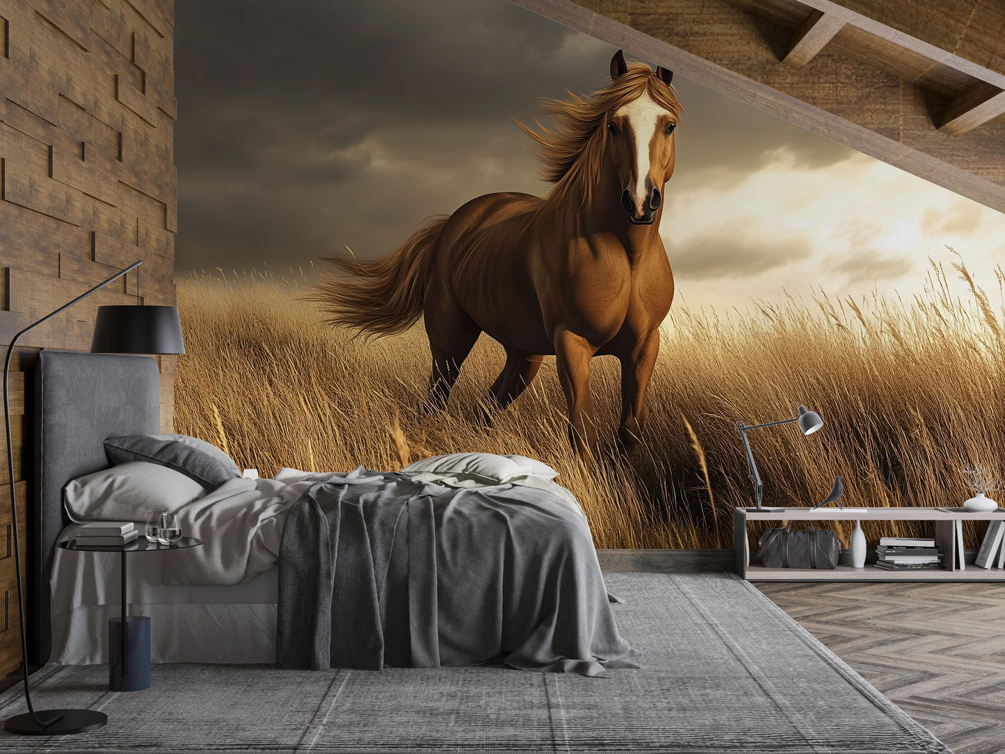 Wild Horse Wall Mural – Realistic Running Horse in Golden Field Wallpaper for Nursery or Bedroom Vn777