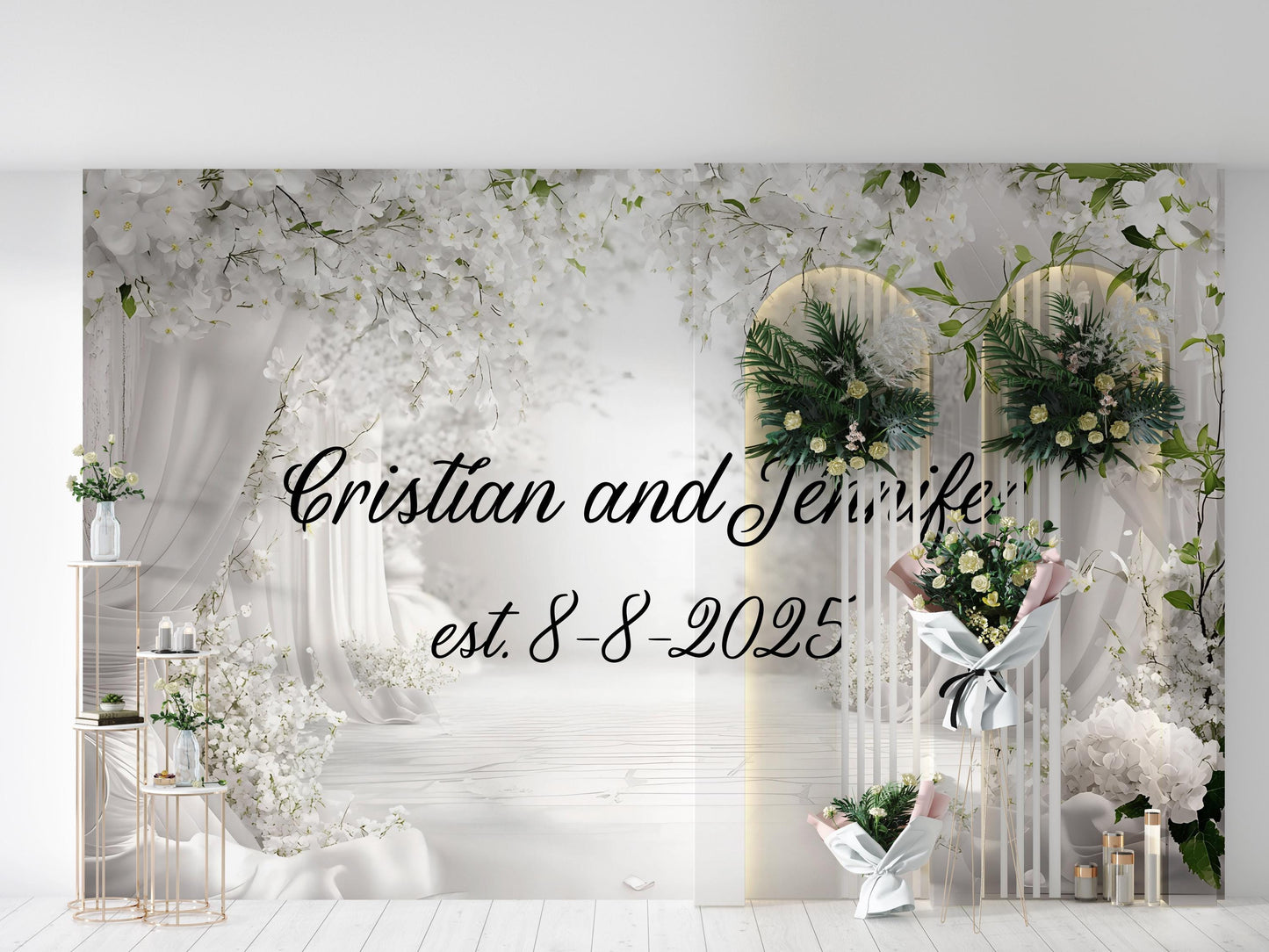 Custom Wedding Sign – Personalized Wedding Wall Art with Names and Date – Romantic Couple Backdrop – Elegant Wedding Decor Vn517
