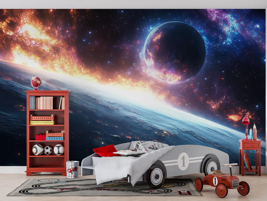 Cosmic Fire Planet Wall Mural – Space Galaxy Wallpaper for Kids Room Decor Vn870